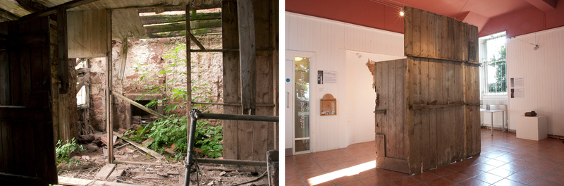 Archaeology of the Ordinary by Nicky Bird. A wooden panel moves across two sites, 2011. Photographs by Nicky Bird, 2011