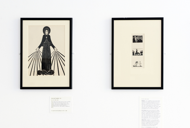 'Our Lady of Lourdes' (1920), 'Epiphany-Palm Sunday-Adam and Eve', (1917),  Eric Gill. Courtesy of Ditchling Museum of Art + Craft, Installation shot, 'Spheres of Influence 2', Reid Gallery GSA (2015) Photo: Alan Dimmick