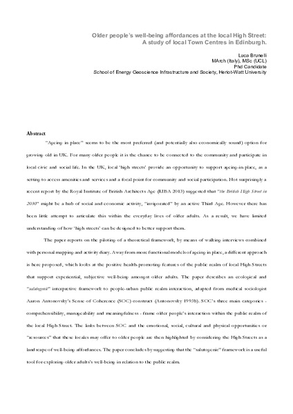 Older People’s Well-being Affordances at the Local High Street: A Study of Local Town Centres in Edinburgh