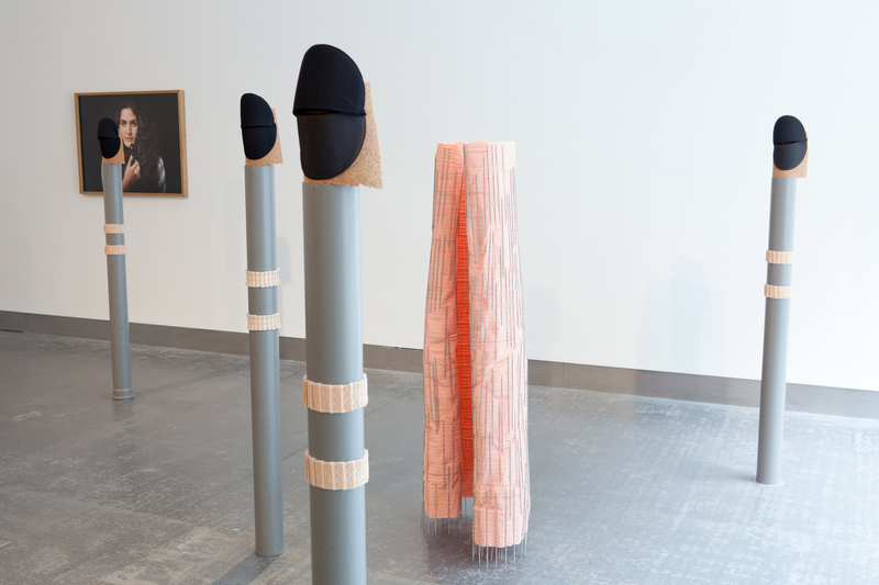 Foreground: 'Mobilised no.2: Shoulder-pads + Hook and Eye Tape', Sogol Mabadi (2016). Background: 'Mobilised no.1 with Pipe', Sogol Mabadi (2016). 'Hosts and Visitors', Birthe Jorgensen and Sogol Mabadi (2016), Reid Gallery, GSA (2016). Photo:Alan McAteer