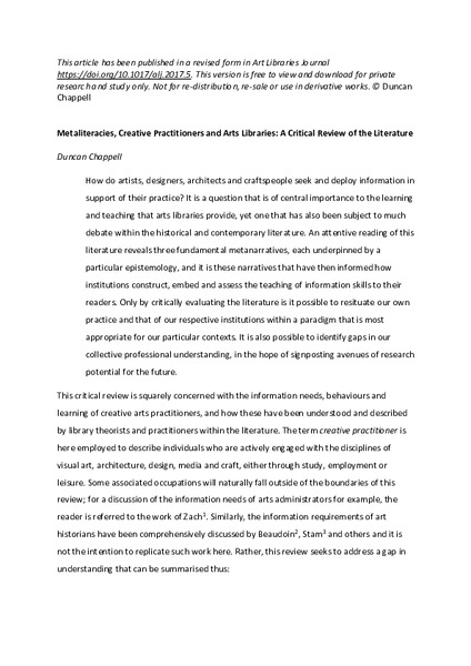 Metaliteracies, creative practitioners and art libraries: a critical review of the literature