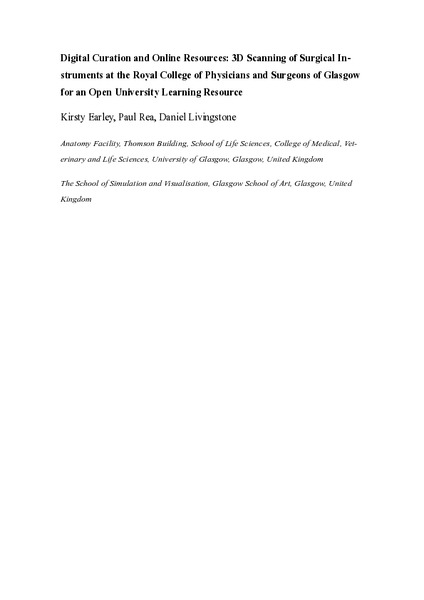 Digital curation and online resources: digital scanning of surgical tools at the royal college of physicians and surgeons of Glasgow for an open university learning resource
