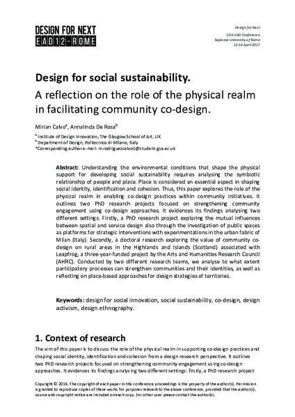 Design for social sustainability. A reflection on the role of the physical realm in facilitating community of co-design