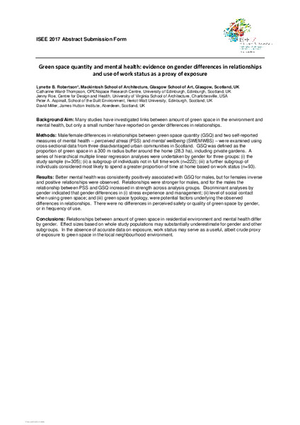 Green space quantity and mental health: evidence on gender differences in relationships and use of work status as a proxy for exposure