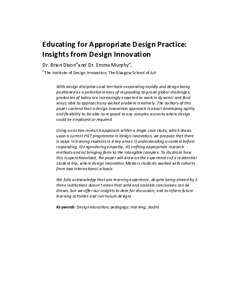 Educating for Appropriate Design Practice: Insights from Design Innovation