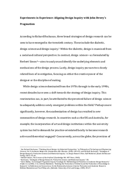 Experiments in Experience: Towards an Alignment of
Research through Design and John Dewey’s Pragmatism