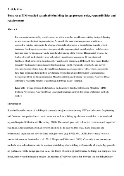 Towards a BIM-enabled sustainable building design process: roles, responsibilities, and requirements