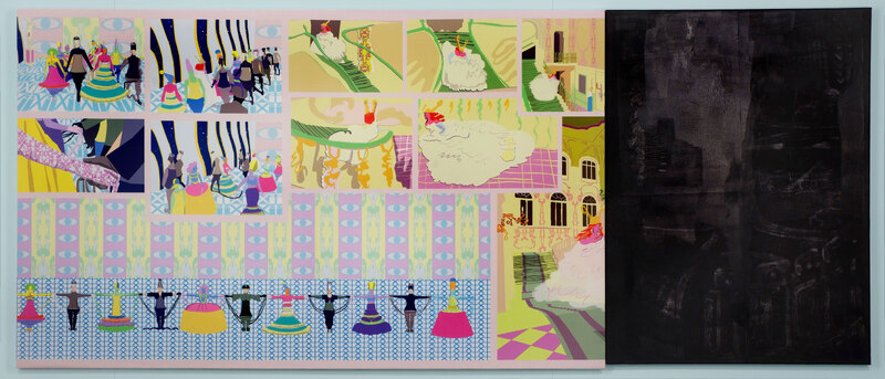 Laurence Figgis, The Club-Grande, 2017, dye-sublimation print, collage, acrylic paint on canvas, 120 x 304 cm, photograph by Alan Dimmick, ©A Dimmick, ©Laurence Figgis