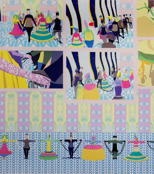 Laurence Figgis, The Club-Grande (detail), 2017, dye-sublimation print, collage, acrylic paint on canvas, 120 x 304 cm, photograph by Alan Dimmick, ©A Dimmick, ©Laurence Figgis