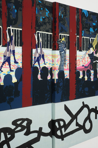 Laurence Figgis, The Mar’ge (detail), 2017, dye-sublimation print, acrylic paint on canvas, 126 x 236 cm, photograph by Alan Dimmick, ©A Dimmick, ©Laurence Figgis