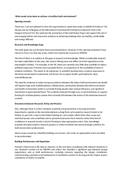 Evidence presented in the House of Commons at the All-Party Parliamentary Group for Healthy Homes and Buildings