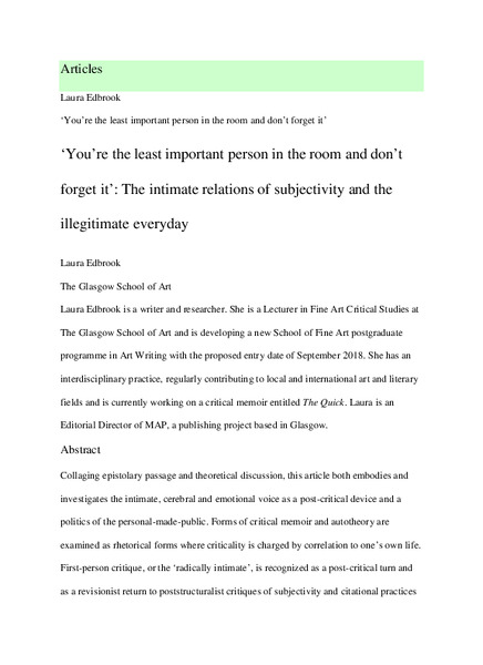 ‘You’re the least important person in the room and don’t forget it’: The intimate relations of subjectivity and the illegitimate everyday