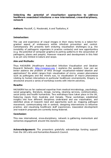 Unlocking the potential of visualisation approaches to address healthcare associated infections: a new international, cross-disciplinary, network