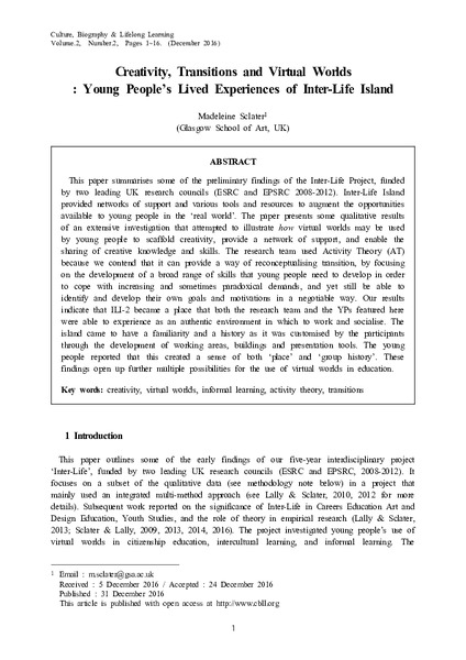 Creativity, Transitions and Virtual Worlds: Young People’s Lived Experiences of Inter-Life Island