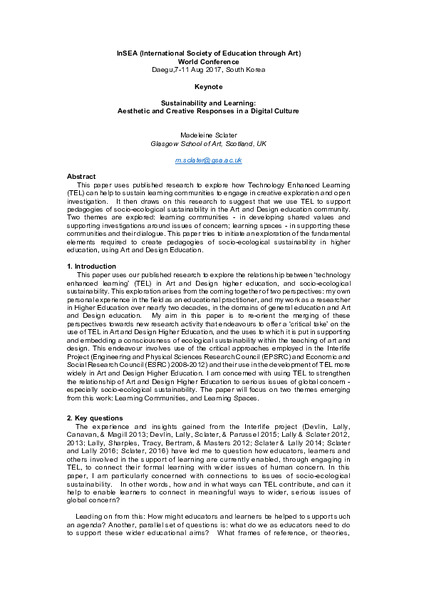 Sustainability and Learning:  Aesthetic and creative responses in a digital culture