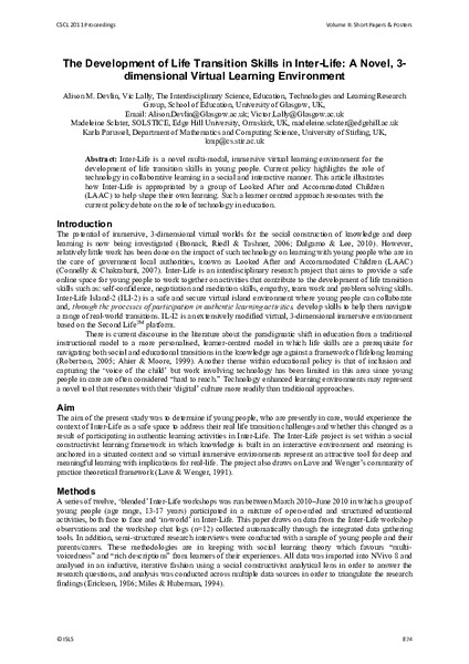 The Development of Life Transition Skills in Inter-Life: A Novel, 3-dimensional Virtual Learning Environment