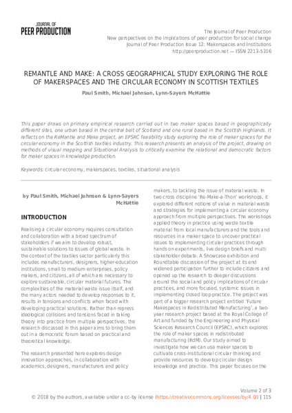 ReMantle and Make: A cross geographical study exploring the role of maker spaces and the circular economy in Scottish textiles