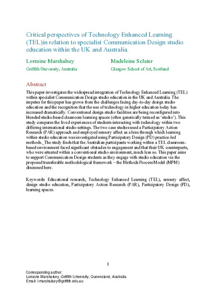 Critical perspectives of Technology Enhanced Learning (TEL) in relation to specialist Communication Design studio education within the UK and Australia