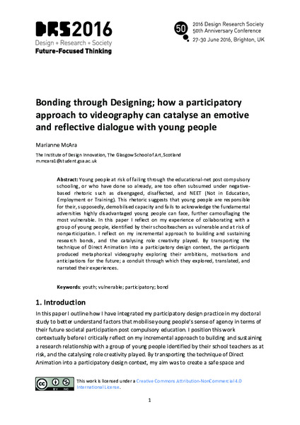 Bonding through Designing; how a participatory approach to videography can catalyse an emotive and reflective dialogue with young people