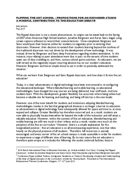 Flipping the Art School: Propositions for an Expanded Studio – A Mindful Contribution to the Education Debate.