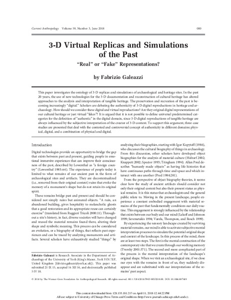 Commentary on 3-D Virtual Replicas and Simulations of the Past: “Real” or “Fake” Representations?