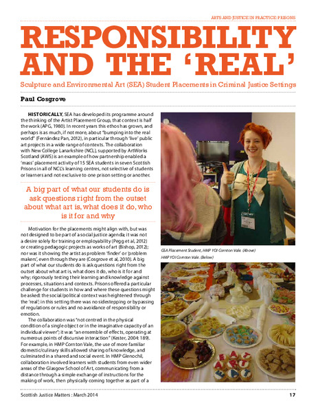 Responsibility and the ‘Real’: Sculpture and Environmental Art (SEA) Student Placements in Criminal Justice Settings