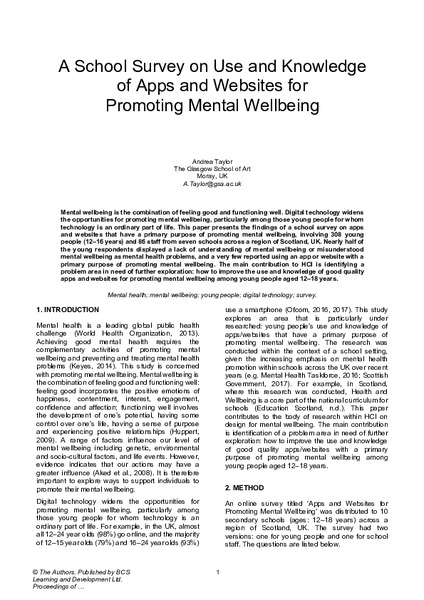 A School Survey on Use and Knowledge of Apps and Websites for Promoting Mental Wellbeing