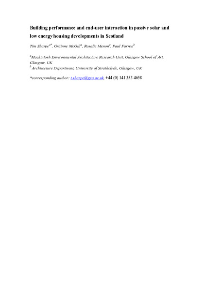 Building Performance and End-user Interaction in Passive Solar and Low Energy Housing Developments in Scotland