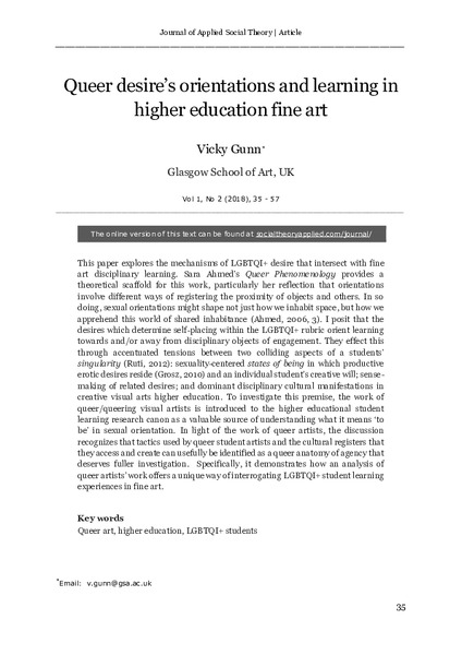 Queer desire’s orientations and learning in higher education fine art
