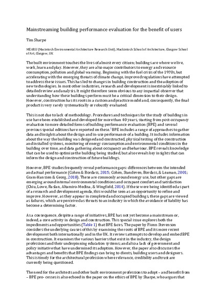 Mainstreaming building performance evaluation for the benefit of users