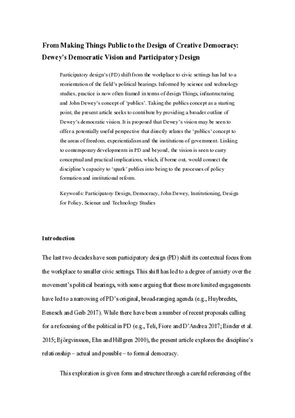 From Making Things Public to the Design of Creative Democracy: Dewey’s Democratic Vision and Participatory Design