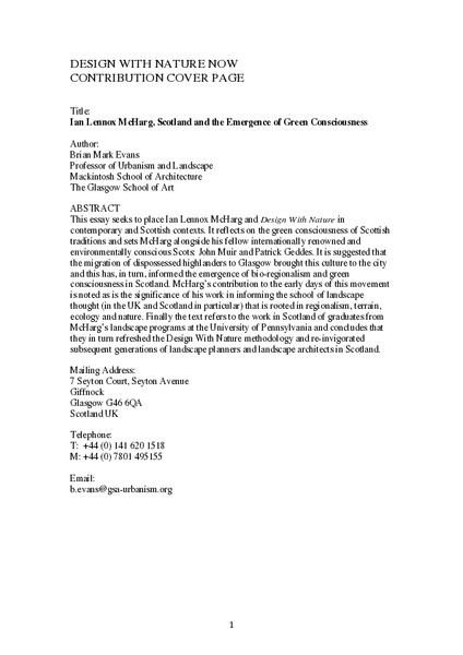 Ian Lennox McHarg, Scotland and the emergence of green consciousness