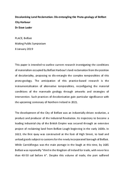 Decolonising Land Reclamation: Dis-entangling the Proto-geology of Belfast City Harbour