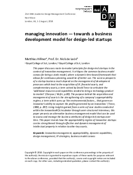 managing innovation — towards a business development model for design-led startups