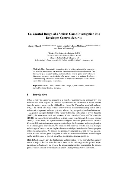Co-created Design of a Serious Game Investigation into Developer-Centred Security