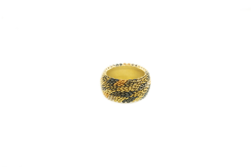 Lenticular Ring - 11 x 22 mm - Oxidised silver, 18ct yellow, red, white and green gold. - 2019 - photography Graham Clark