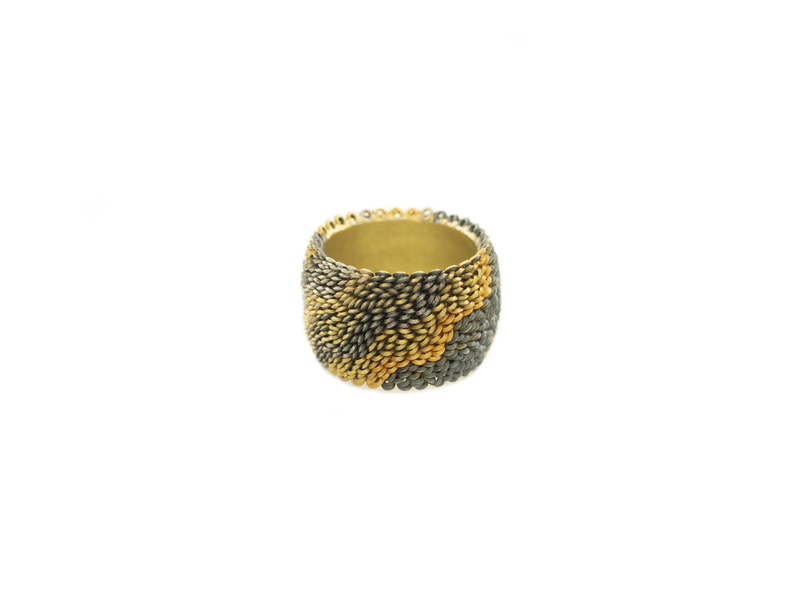 Lenticular Ring - 14.5 x 23mm - 18ct yellow, red and white gold, platinum and oxidised silver.- 2019 - photography Graham Clark