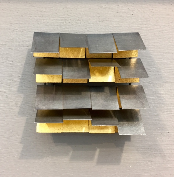 folded kinetic brooch, oxidised silver and gold leaf, 60 x 60mm