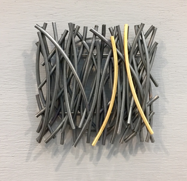 curved tube brooch, oxidised silver and gold leaf tubes.  60 x 60mm