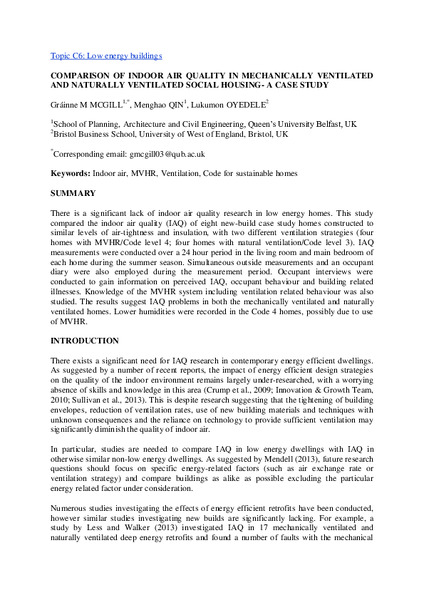 Comparison of indoor air quality in mechanically and naturally ventilated social housing- A case study
