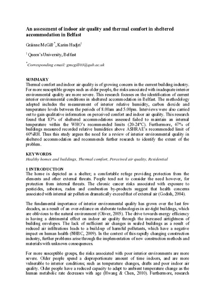 An assessment of indoor air quality and thermal comfort in sheltered accommodation in Belfast