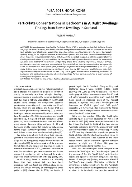Particulate Concentrations in Bedrooms in Airtight Dwellings:
Findings from Eleven Dwellings in Scotland