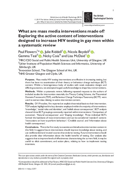 What are mass media interventions made of? Exploring the active content of interventions designed to increase HIV testing in gay men within a systematic review