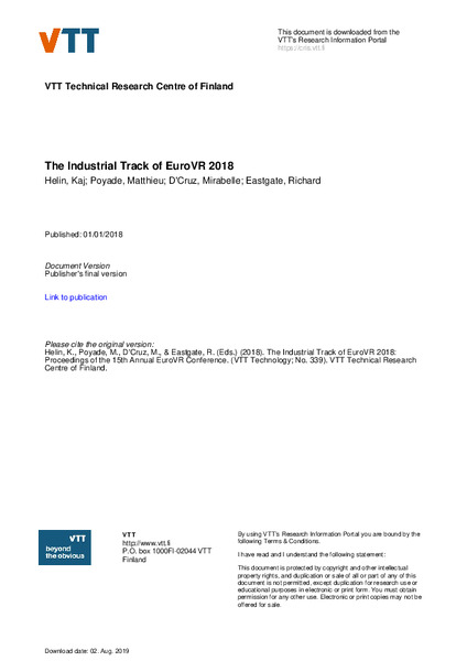The Industrial Track of EuroVR 2018
Proceedings of the 15th Annual EuroVR Conference