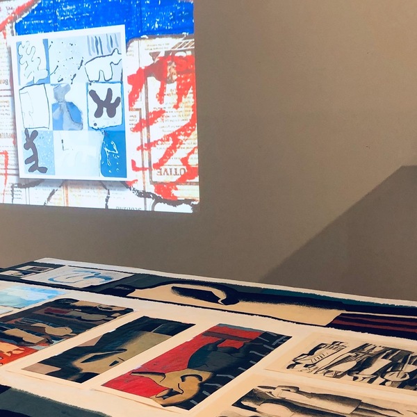 Projection of Fraser Taylor's sketchbook, by Ashley Morgan