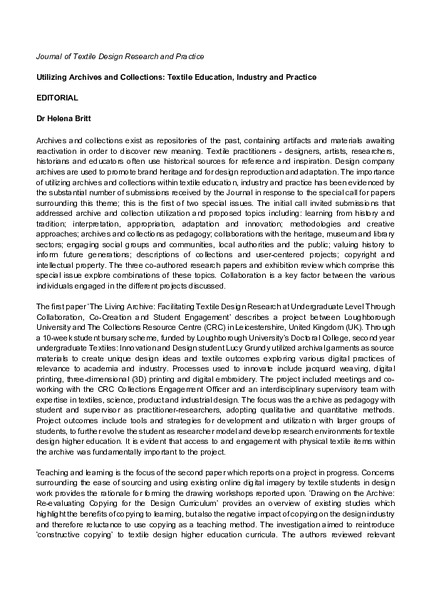 Utilizing Archives and Collections: Textile Education, Industry and Practice I