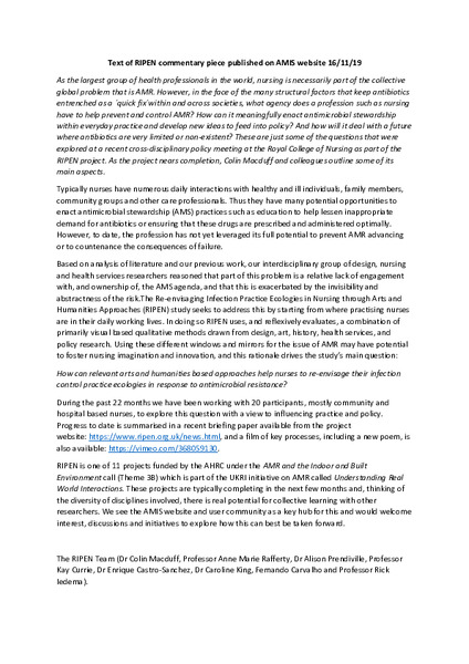 Commentary piece: Re-envisaging Infection Practice Ecologies in Nursing (RIPEN)
