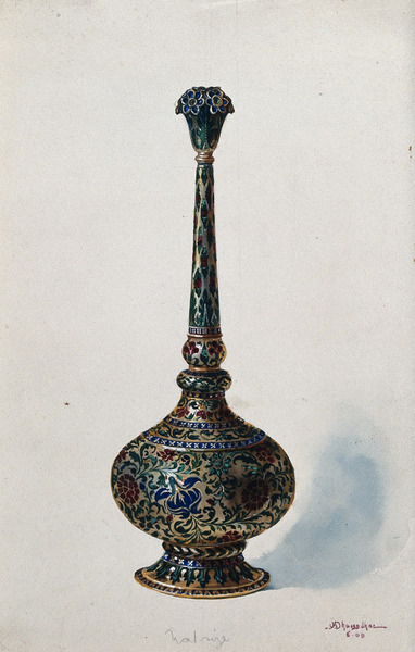 M. V. Dhurandhar, A Mughal-Style Rose Water Sprinkler, 1909.Gouache, 29 x 11cm Wellcome Collection, London