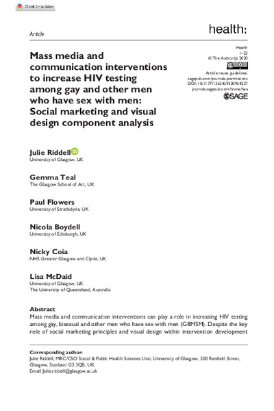 Mass media and communication interventions to increase HIV testing among gay and other men who have sex with men: Social marketing and visual design component analysis