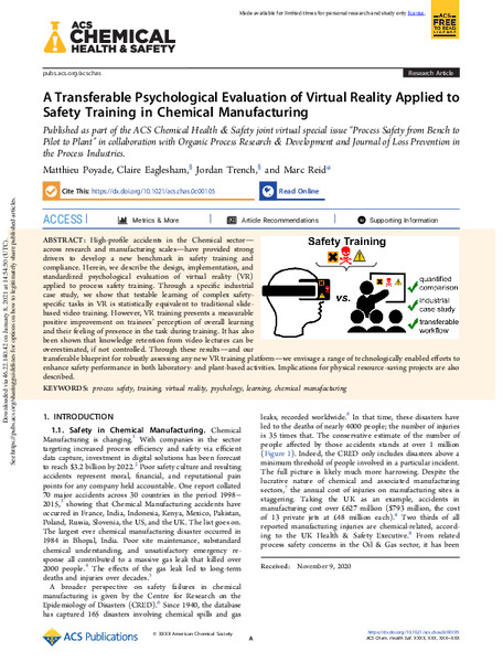 A Transferable Psychological Evaluation of Virtual Reality Applied to Safety Training in Chemical Manufacturing